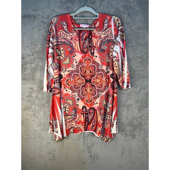 Lady Noiz Blouse XL Red Paisley Boho Asymmetric Hem Rhinestones 3/4 Sleeve - Picture 1 of 7